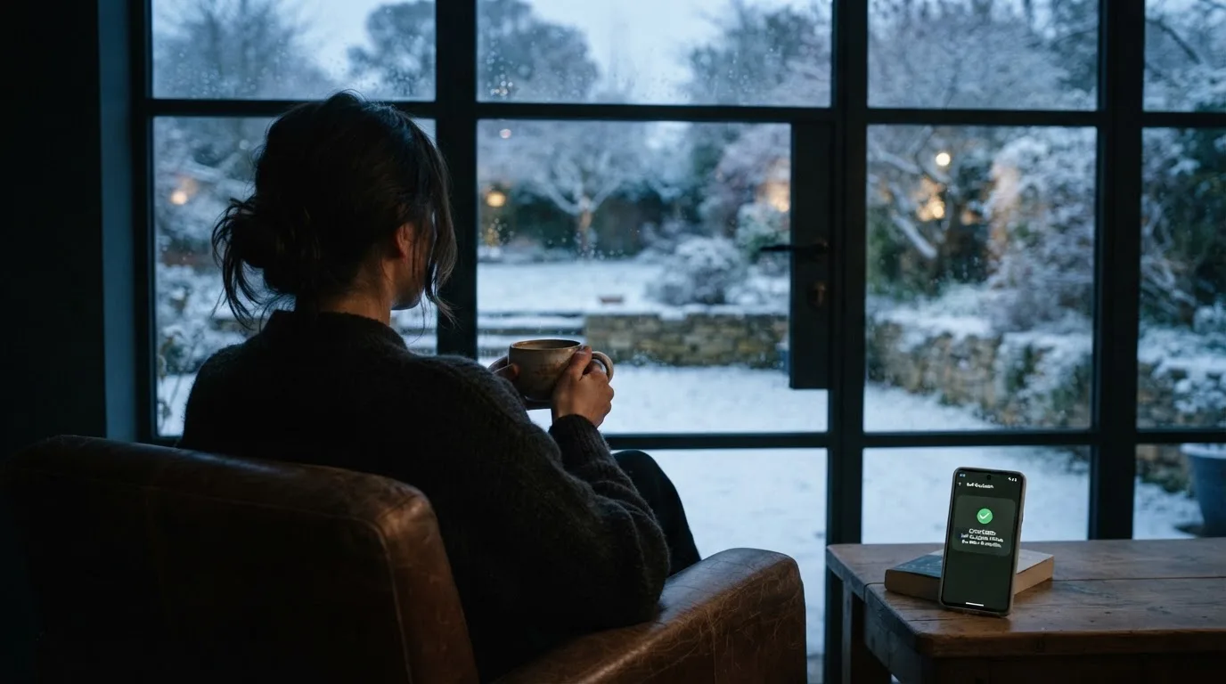 En person sitter ensam vid ett fönster i skymningen och håller en tekopp, med en rofylld vinterträdgård synlig utanför glaset.